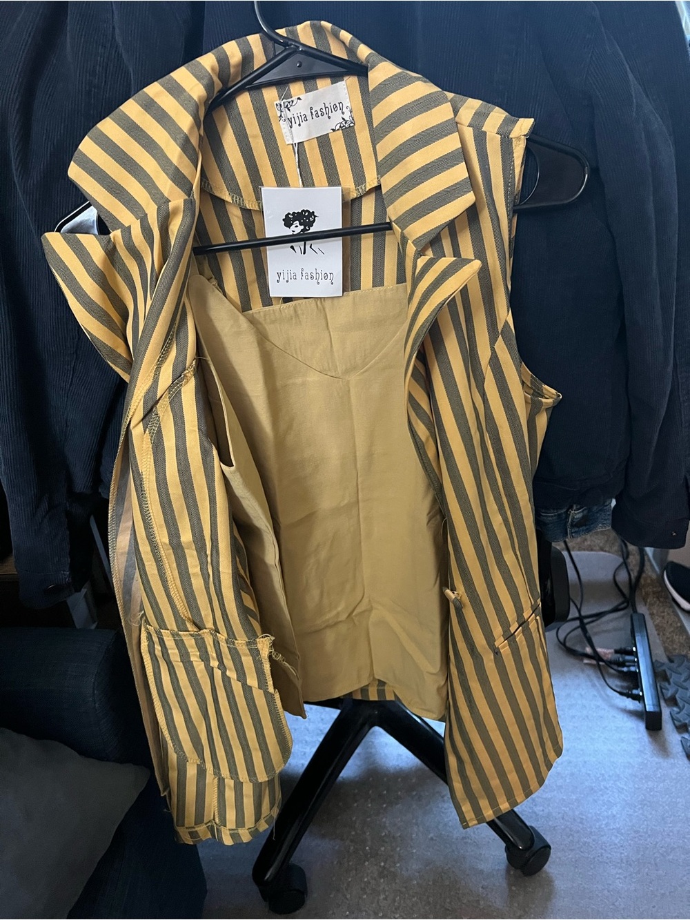 3pc Striped Vest Top & Shorts Set Mustard Charcoal